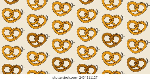 Nahtloses Muster mit Brezel. In: National Pretzel Day. Amerikas Lieblingssnack. Line Art Stil Vektor-Illustration für Einwickelpapier, Textil, Cover-Design.
