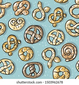 Seamless pattern with pretzels, bagels and donuts