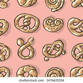 Seamless pattern with pretzels, buns, pastries