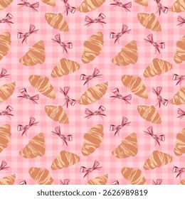 Seamless Pattern with Pretzels, Coffee Cups, and Blue Gingham Bows