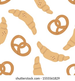 Seamless pattern of pretzels and croissants. Bakery products.Bakery Snacks.Hand drawn illustration.