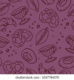 Seamless pattern with pretzels and cups on a simple purple background. Doodle design on the topic of tea drinking with cakes and cheesecakes.