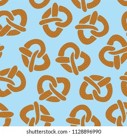 Seamless pattern with pretzels for Oktoberfest on a blue background. Vector illustration. Great for backgrounds, wrapping, fabric, and packaging.