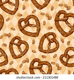 Seamless pattern with pretzels on a traditional Bavarian background