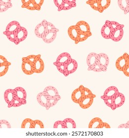 Seamless pattern with pretzels in pink pastel colors. Vector graphics.