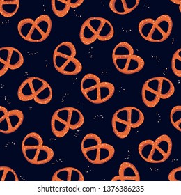 Seamless pattern with pretzels and salt on dark blue background. Good design for wrapping paper, textile, website backdrop or wallpaper. Oktoberfest concept.