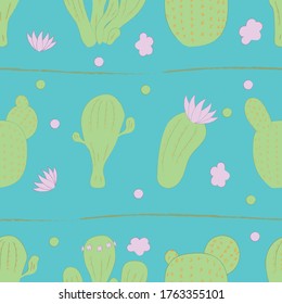 Seamless pattern with prickly cactus and flower on the blue background in hand drawn style in row