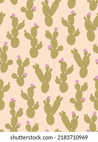 Seamless pattern of prickly pear cactus with flowers. Desert plants. Flat vector illustration isolated on white background.