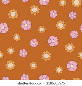 Seamless pattern of prickly pear cactuses flowers. Retro desert plants. Flat vector illustration with black outline isolated on brown background.