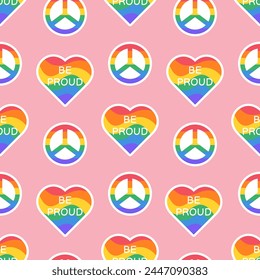 Seamless pattern for Pride Month. Symbol of the LGBT community. LGBT pride rainbow elements and stickers. Rainbow flag LGBT. Human rights and tolerance concept. Vector illustration.