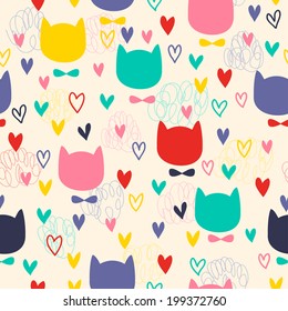 seamless pattern with primitive cats and hearts. perfect for children's cards, invitations, textile or background. vector illustration
