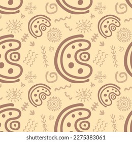 Seamless pattern primitive ethnic ornament, petroglyphs. Ancient patterns, symbols. Spiral drawings of an ancient tribe, stone age. Design element for textiles, paper, fabrics. Vector illustration