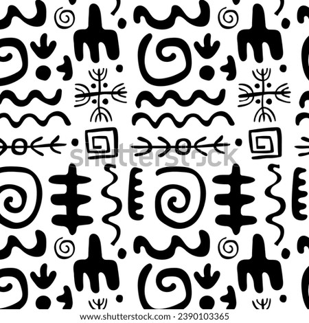 Seamless pattern with primitive ethnic ornaments, petroglyphs. Arrows, lines, spirals, circles. Patterns, drawings of ancient tribe, Stone Age. Design element for textiles, paper, fabrics, postcard
