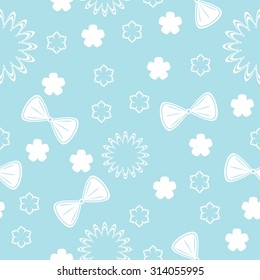 Seamless pattern with primitive flowers and ribbons, kids style pattern. White elements and blue background