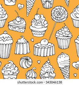 Seamless pattern with primitive image of a ice cream, sweets, cakes on yellow background. Vector illustration.