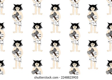 Seamless pattern with primitive people in zebra skin with baton in the hands. Wallpaper for children room or bed linen.