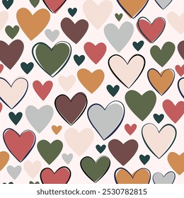 Seamless pattern primitive romantic pattern of hearts in boho style. Simple minimalistic background for Valentine's Day, cute big and small hearts. Printing on paper, gifts, wallpaper, textiles