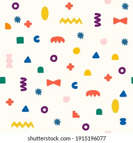 Seamless pattern of primitive shapes for children. Collection different shapes colorfully. Hand drawn, Memphis style, retro design. Elements for web, scrapbooking, stickers, wallpaper, poster.