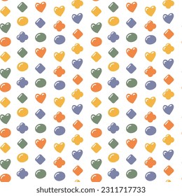 Patrón transparente de formas primitivas para niños con un volumen pequeño. Plaza, rhombus, flor, círculo, corazón. Diseño retro dibujado a mano. Elementos para la web, scrapbooking, pegatinas, papel tapiz. Suave