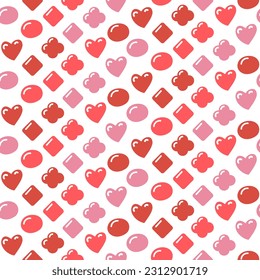 Seamless pattern of primitive shapes for children with a small volume. Square, rhombus, flower, circle, heart. Hand-drawn, retro design. Elements for web, scrapbooking, stickers, wallpaper, poster Red