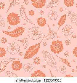 Seamless pattern with primula leaves and  flowers. Line art and shapes. Pastel creamsicle orange with rust tinted elements. Pretty for many uses- packaging, textiles, decor, stationery, invitations.