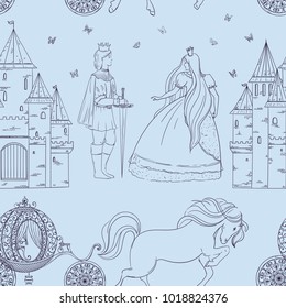 Seamless pattern with prince, princess, castle, carriage with horse and butterflies. Fairy tale theme. Isolated objects. Vintage vector illustration