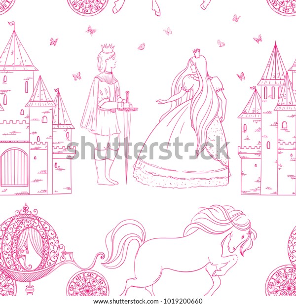 Seamless pattern with prince, princess, castle, carriage with horse and butterflies. Fairy tale theme. Isolated objects. Vintage vector illustration