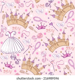 Seamless pattern with princess accessories and castle