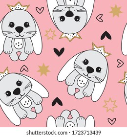 seamless pattern with princess bunny vector illustration, vector textile fabric print, wallpaper