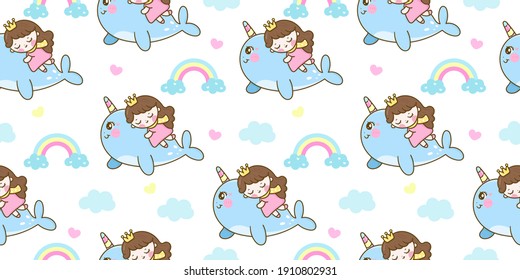 Seamless pattern princess cartoon sleep on unicorn narwhal vector rainbow marine life kawaii animals background: Series fairy tale characters horn sweet friendship (flat Girly doodles). Perfect.