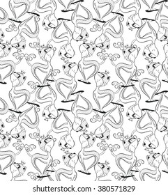 Seamless pattern of princess cats lines. vector.