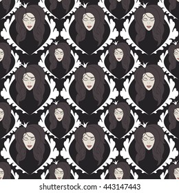 seamless pattern with princess with crown with eyes closed.