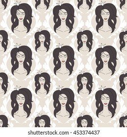 seamless pattern with princess with crown with eyes closed.