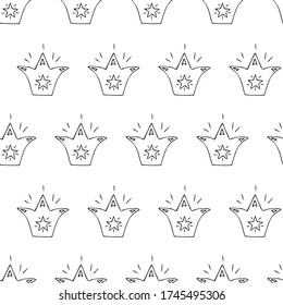 Seamless pattern with a Princess crown. Hand-drawn drawing. Outline image with a black liner on a white background. Vector illustration. Children's print for notebook covers, wrapping paper, fabric.