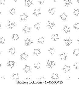Seamless pattern with Princess crown, stars and heart. Outline image with a black liner on a white background. Vector illustration. Children's print for notebook covers, wrapping paper, fabric.
