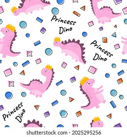 Dinosaurios de princesa sin foco. Color rosa. Fondo para textiles, tela, niño. Ilustración vectorial.