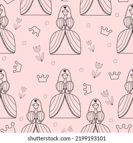 Seamless pattern princess in doodle style on a pink background