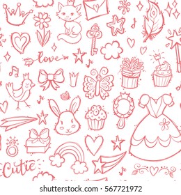 Seamless pattern with princess doodles. Girlish background design