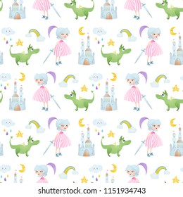 A seamless pattern with princess, dragon, rainbow, moon, star, cloud, castle.