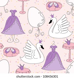 Seamless pattern with princess dress, magic shoes, mirror and cute swan