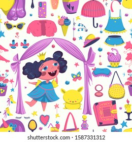 Seamless pattern with princess elements set. Girlish fashion design background. Vector illustration