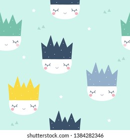 Seamless pattern with princess faces. Cute kids print. Vector hand drawn illustration.