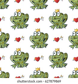 Seamless pattern with a princess frog and hearts with an arrow in a romantic style background vector illustration
