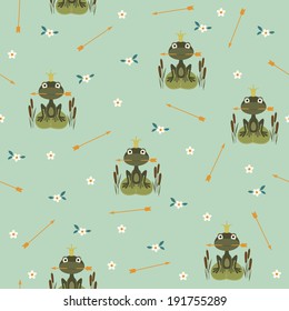 Seamless pattern with princess frog holding an arrow