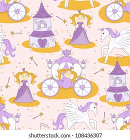 Seamless pattern with a princess , magic wand, little pony, carriage and princess castle