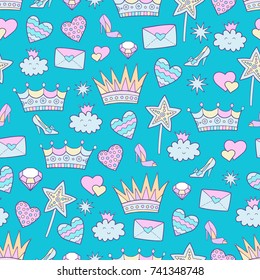 Seamless pattern with princess objects. Lovely vector illustration and design for fabrics, textile, wallpaper and background.