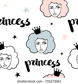 Seamless pattern with princess. Pastel colors. White, blue and pink hair girl with crown. Cute cartoon background for kids. Graphic design for paper, textile print, page fill 