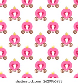 Seamless Pattern with Princess Pink Carriage. Vector flat illustration.