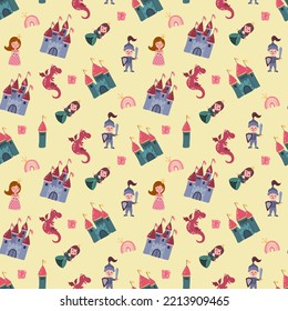 Patrón sin foco con princesa, príncipe, castillo y dragón. Diseño para tela, textil, papel pintado, embalaje.
