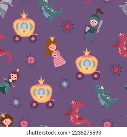 Patrón sin foco con princesa, príncipe, entrenador y dragón. Diseño para tela, textil, papel pintado, embalaje.